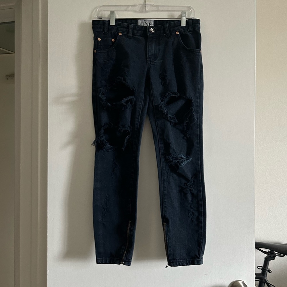 One by One Teaspoon Black Distressed Low Waist Short Rise Rigid Skinny Leg Jean